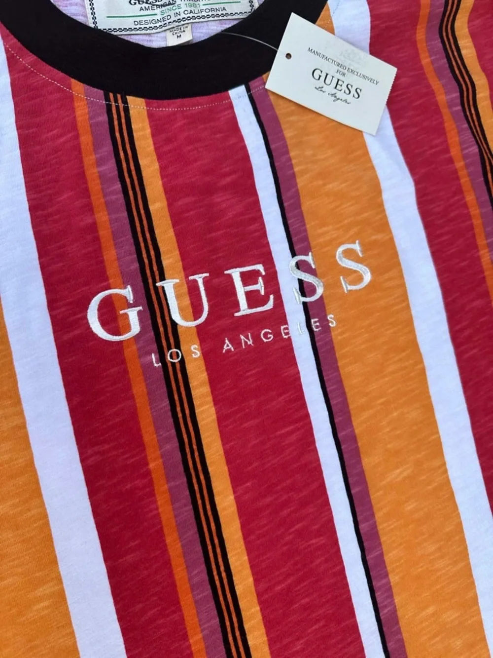 GUESS Men's Red, Orange & White Vertical Stripe Short-Sleeve Tee - Picture 3 of 6